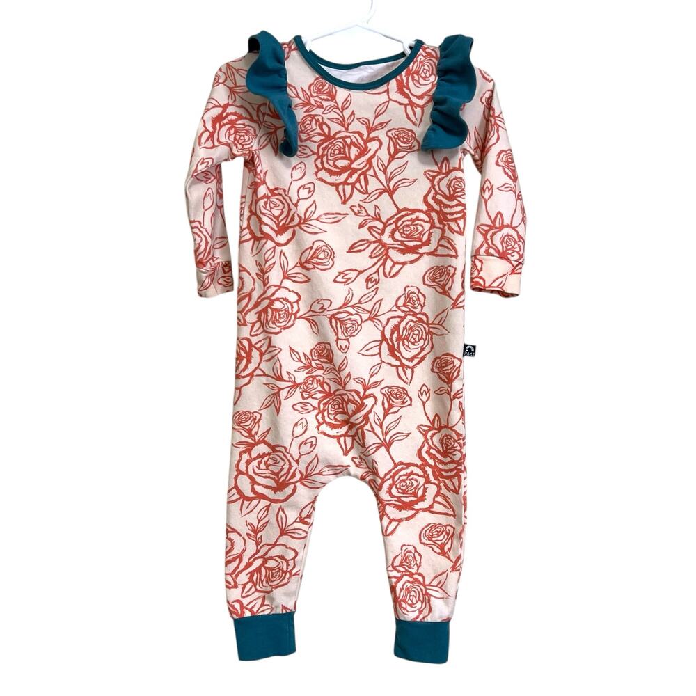 RAGS Romper 18-24 Months Floral Ruffle Long Sleeve One Piece Cream Pink Teal